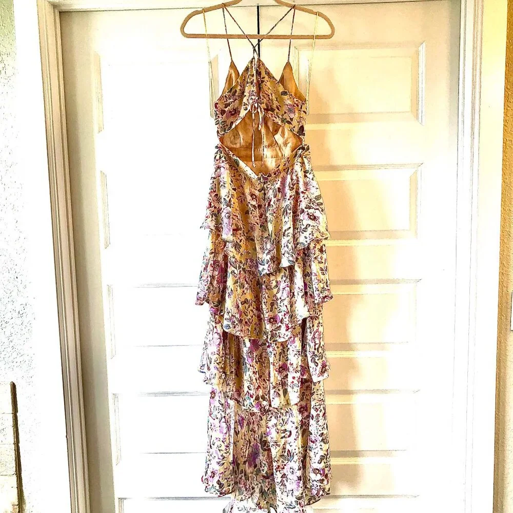 NWT ASTR the Label Rosana Chiffon Ruffle Tiers Maxi Dress Yellow Purple Floral S